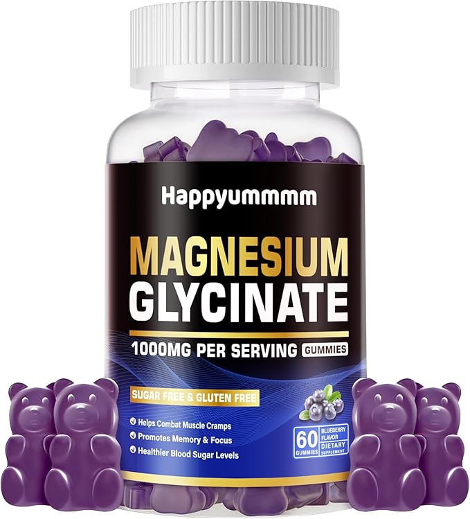 Magnesium Glycinate Gummies 1000mg - Sugar Free Magnesium Potassium Supplement with Vitamin D, B6, CoQ10 for Calm Mood & Sleep Support - 60 Blueberry Gummies