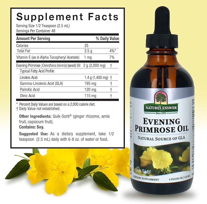 Nature's Answer Liquid Evening Primrose Oil 4oz Liquid | Cold Pressed | Essential All Natural Moisturizer for Hair, Skin, Nails | Rosacea Psoriasis Eczema Relief | Single Count