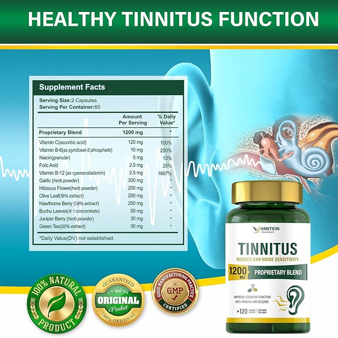 Tinnitus Relief for Ringing Ears 1200 MG - 120 Capsules Supports Hearing Loss & Ear Pain Relief | 60-Day Supply | Ear Health Vitamins for Men & Women