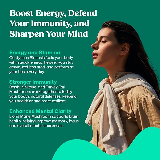 ColonBroom Mushroom Complex, Powerful Mushroom Blend with Cordyceps, Reishi, Shiitake, Lion’s Mane Extract for Energy, Immunity, Stress Relief & Cognitive Health - 2 x 60 Capsules, 60 Day Supply