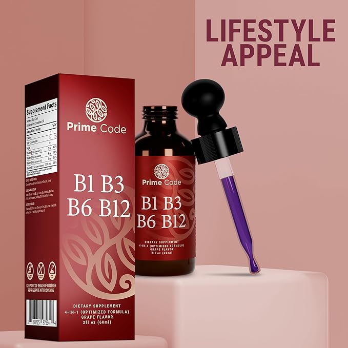 Prime Code Liquid Vitamin B1 Drops with Vitamin B3 B6 & B12 | B Complex Liquid Supplement | Thiamine Supplement for Adults | High Absorption | Immune Support | Non-GMO | Gluten-Free