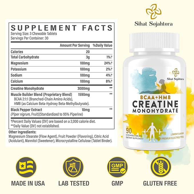 8-in-1 Creatine Monohydrate with BCAA & HMB, 5000 mg for Men & Women, Creatine Chews for Muscle, Recovery, Endurance & Strength, High Absorption, Lemon Flavor, Sugar-Free, 90 Tablets
