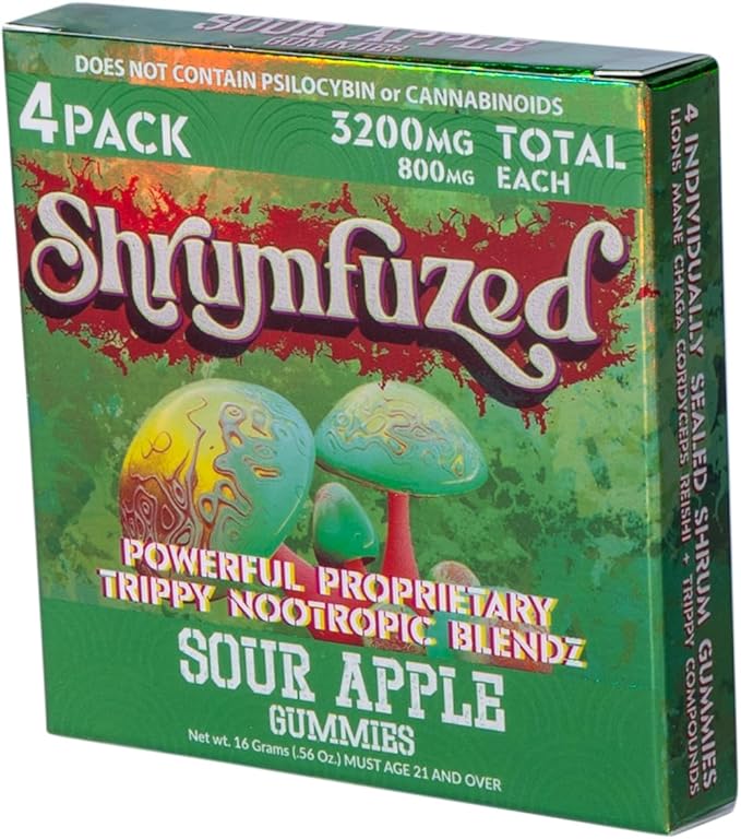 Proprietary Nootropic Gummy 3200mg - Lion's Mane, Reishi, Chaga, and Cordycep Nootropic Tripee Mushroom Blend (4, Sour Apple)