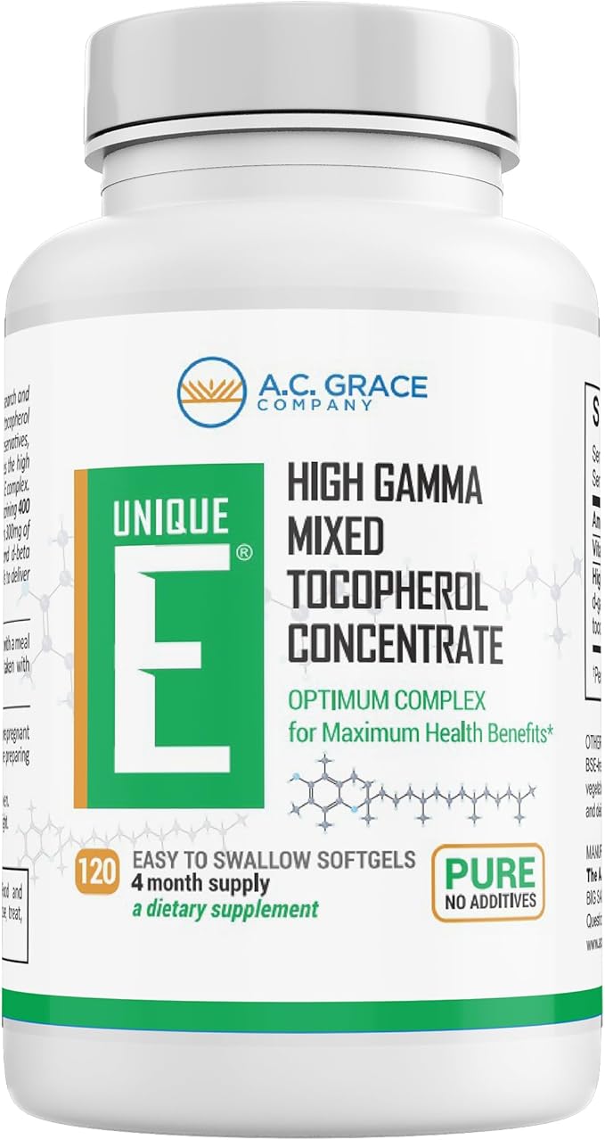 UNIQUE E A.C. Grace Company Mixed Tocopherols Concentrate Softgel 120 Count and Tocotrienols Tocopherol-Free Softgels 60 Count