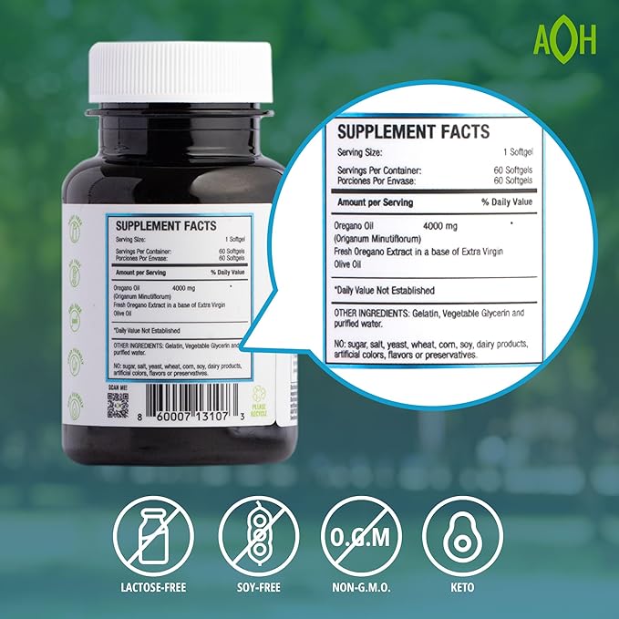 Oregano Oil, 60 Softgel – Immune and Intestinal Support Supplement for Healthy Digestive – Formulated with Extra Virgin Olive Oil – Plant Based, Vegan and Non-GMO