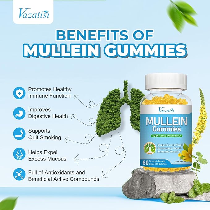 10 in 1 Mullein Gummies for Lungs, Mullein Leaf Extract with Bromelain, Quercetin, Magnesium - Support Lung Cleanse for Healthy Breathing, 60ct
