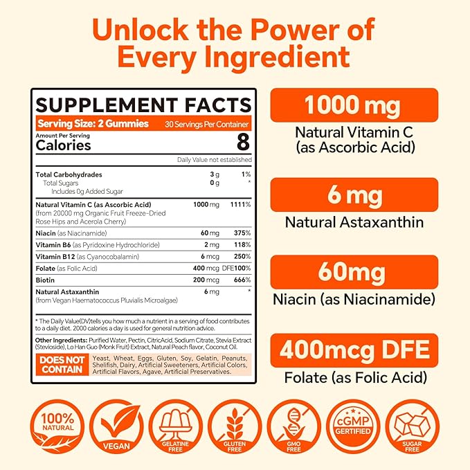 Astaxanthin Supplements 6mg + Liposomal Vitamin C 1000mg - Dual Layer - Niacin B6,B12,Folate,Biotin - Antioxidants - Gelatin Free,Sugar Free,60Cts