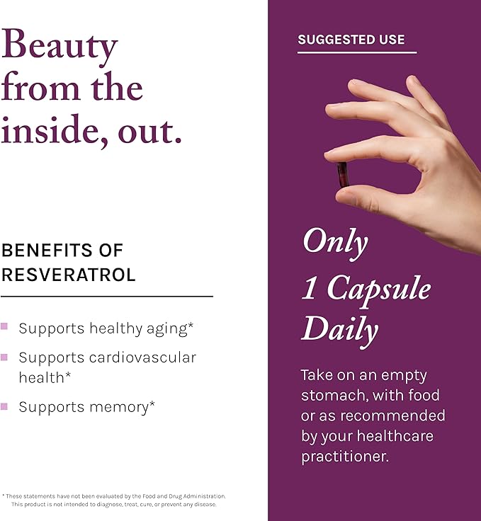 Reserveage Beauty Resveratrol Plus+ 1000 mg - Rapid-Release Resveratrol Capsules with Quercetin for Immune System, Brain Health & Cellular Health - Gluten-Free & Vegan - 30 Veggie Capsules