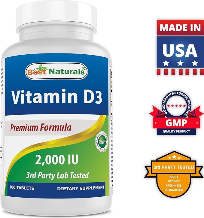 Best Naturals Vitamin D3 2000 IU (50 mcg) - 100 Tablets - 100 Days Supply - Helps Support Immune Health, Strong Bones and Teeth, & Muscle Function (100 Count (Pack of 2))