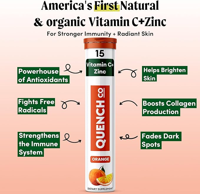Quench Vitamin C & Zinc Effervescent Tablets - 1000mg, Sugar-Free, Immune Support Supplement, Includes Electrolytes, Orange Flavor Fizzy Drink - 30 Count