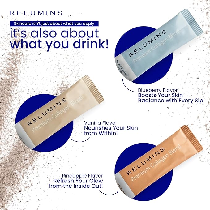 Relumins Marine Collagen Powder Drink Mix - Collagen Peptide with Glutathione, Green Tea, CoQ10, & Hyaluronic Acid Boosts Smooth Glowing Skin - 10 Powder Sachets x Blueberry Flavored