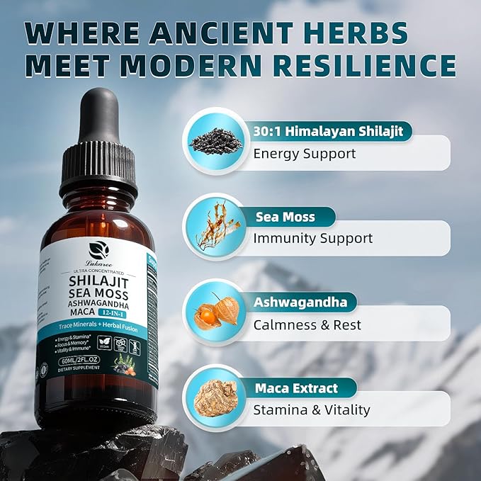 Shilajit Liquid Drops with Sea Moss, Ashwagandha, Maca, Fulvic Acid, Trace Minerals, 12-in-1 Liquid Vitamins Supplement for Men and Women, Energy, Antioxidant, Immune Support, 2 FL OZ