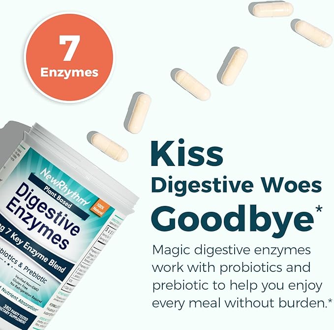 NewRhythm Digestive Enzymes 245 mg, with Probiotics and Prebiotics, Plant Based, 7 Key Enzymes, Digestion, Nutrient Absorption, Protease Amylase & Lipase, 60 Vegan Capsules