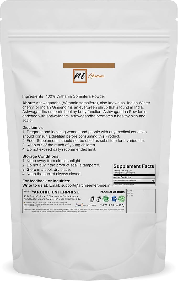 mGanna 100% Natural Ashwagandha/Withania Somnifera Powder 227 GMS / 0.5 LBS for Health Care
