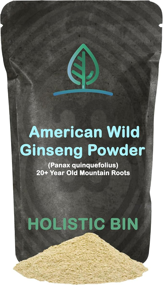 Holistic Bin Wild American Ginseng Powder Pure Organic Ginseng Supplement Made with Wild Harvested 20+ Year Old Roots from Appalachia (Panax Quinquefolius) | No Fillers or Additives (25 Grams)