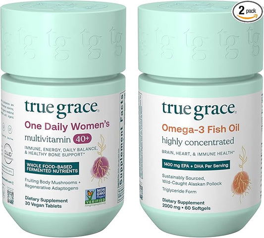 True Grace One Daily Women’s Multivitamin 40+ (30 Vegan Tablets) & Omega-3 Fish Oil (60 Softgels) - Gluten Free, Soy Free, Organic - 30-Day Supply of Each