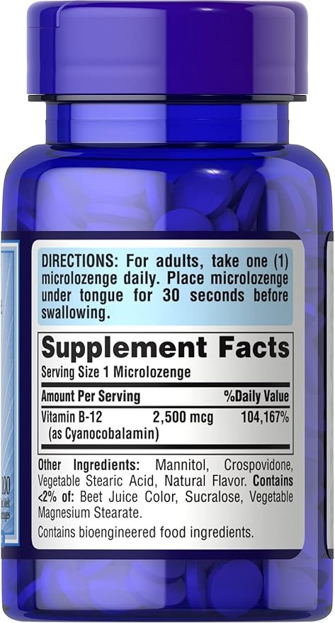 Puritan's Pride Vitamin B-12 2500 mcg Sublingual Microlozenges, White, 100 Count