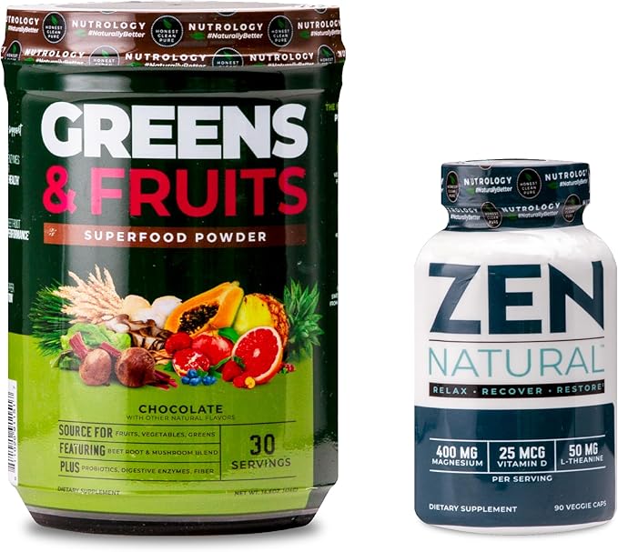 Nutrology Greens & Fruits Powder-Naturally Sourced Superfood, Chocolate (30 Servings) Zen Natural Magnesium Supplement (30 Servings)