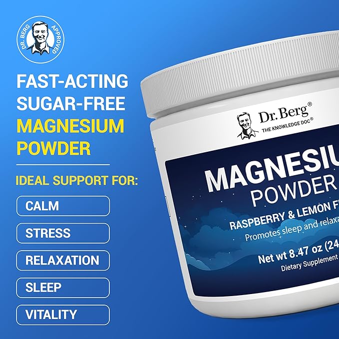 Dr. Berg Magnesium Glycinate Powder for Sleep, Relaxation, & Stress Relief - Now Includes Vitamin D3 & Zinc - Delicious Raspberry & Lemon Flavor (50 Servings) Magnesium Powder - Magnesium Drink Powder
