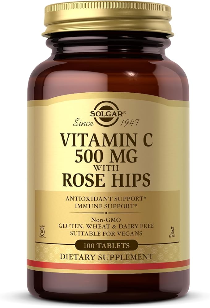 Solgar Vitamin C 500 mg with Rose Hips - 100 Tablets - Antioxidant & Immune Support - Non-GMO, Vegan, Gluten Free, Dairy Free, Kosher - 100 Servings