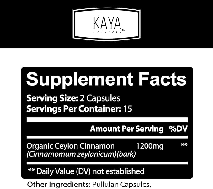 Kaya Naturals Ceylon Cinnamon Supplement | 1200mg per Serving, Vegan - Non-GMO & Gluten Free - 30 Capsules
