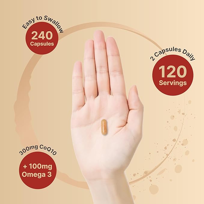 CoQ10 (Ubiquinone) 300mg with Omega 3, 240 Capsules - 120 Day Supply | Stable High Absorption Form – Antioxidant Support for Heart & Energy Health – Extra Strength Coenzyme Q10 Supplement