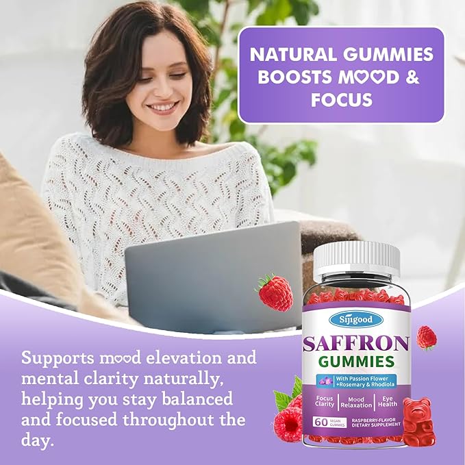 Saffron Gummies - Sugar Free Saffron Supplement for Men Women Mood Support Supplement with Saffron Extract, Passion Flower, Magnesium & Vitamins for Relaxation, Focus, Raspberry Flavor, 120 Count