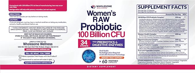 Wholesome Wellness Dr. Formulated Raw Probiotics for Women 100 Billion CFUs Capsules with Prebiotics, Digestive Enzymes, Approved for Adults, Shelf Stable Supplement