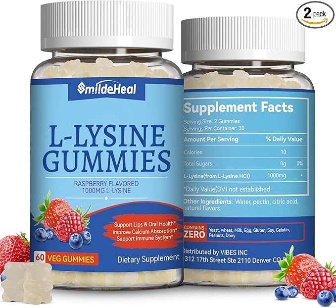 2 Pack L-Lysine 1000mg Gummies, Chewable Lysine Supplement for Adults, Immune Support, Collagen Formation Support, Non-GMO, Vegan, Gluten Free - 120 Counts