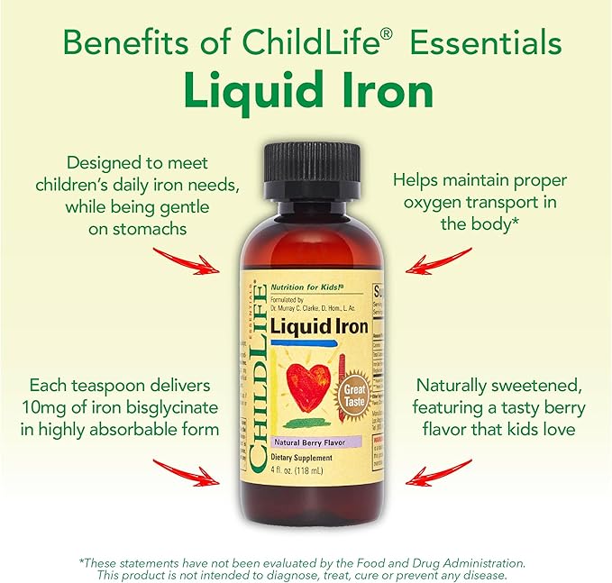 CHILDLIFE ESSENTIALS Liquid Iron - Liquid Iron Supplements for Kids, Iron Drops, Toddler Iron Supplement, Iron Liquid, Iron for Kids, Baby Iron Supplement, Gluten Free - Natural Berry, 4 Fl Oz