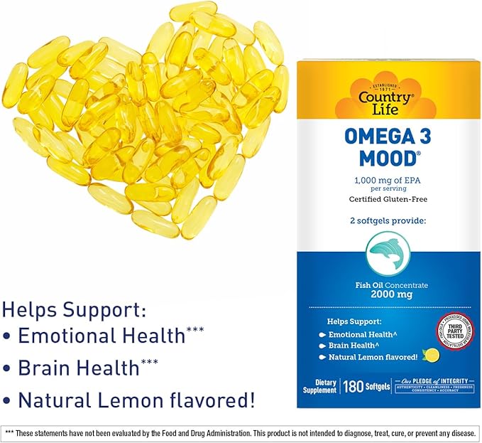 Country Life Omega 3 Fish Oil Supplement - High Concentration EPA and DHA Omega 3 Fatty Acids - 2000mg Fish Oil for Emotional Health, Mood Support, and No Fish Taste - Natural Lemon Flavor
