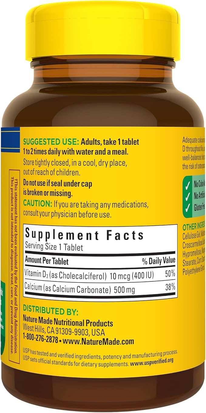 Nature Made Calcium 500 mg with Vitamin D3, Dietary Supplement for Bone Support, 130 Tablets