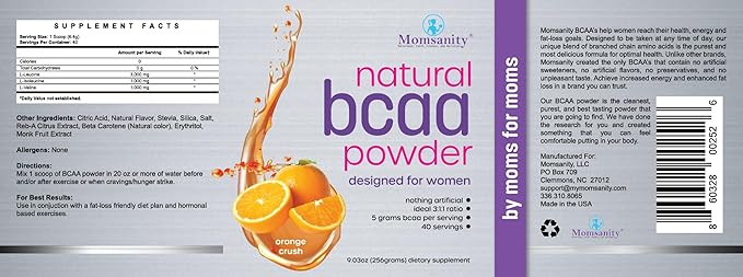 BCAA Powder Preworkout for Women - Naturally Sweetened with Stevia, Erythritol, & Monk Fruit + Delicious Recipe Guide PDF | 3:1:1 Ratio of Amino Acids | 40 Servings (Orange Crush)