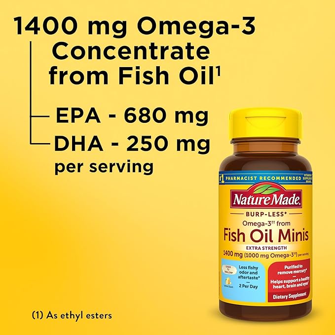 Nature Made Extra Strength Burp Less Fish Oil Omega 3 Supplements 1400 mg Minis, Omega 3 Fish Oil as Ethyl Esters for Healthy Heart Brain Eyes Support, 60 Softgels, 30 Day Supply