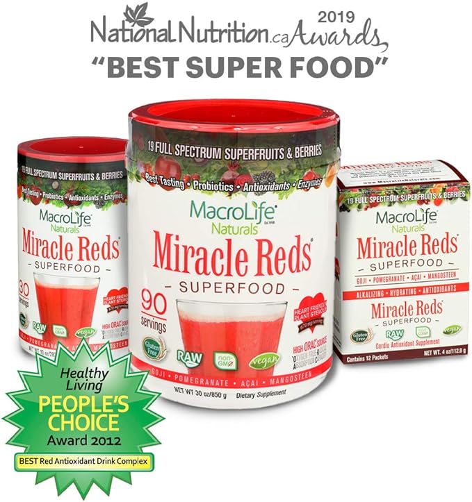 MacroLife Naturals Miracle Reds Superfood Supplement Powder Antioxidants Polyphenols Enzymes Probiotics - Raw Non-GMO Organic Vegan Gluten & Dairy Free (12 Packet)