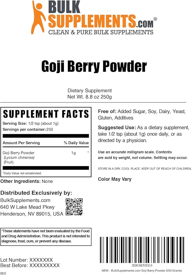 BulkSupplements.com Wolfberry Extract Powder - Goji Berry Supplements, Goji Berry Extract, Herbal Supplement, Gluten Free, 1000mg per Serving, 250g (8.8 oz) (Pack of 1)