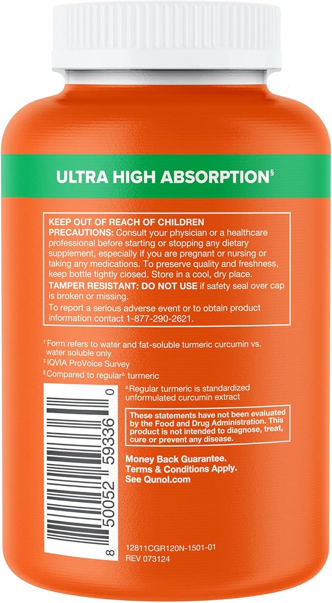 Qunol Turmeric and Ginger Capsules, 1000mg Turmeric Supplement, Ultra High Absorption to Support Joint Health, #1 Doctor Recommended Form of Turmeric Curcumin, 120 Count (Pack of 1)