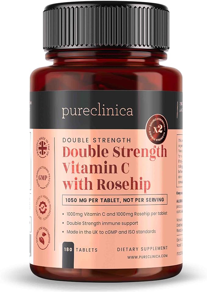 pureclinica Vitamin C with Rosehip – 2000mg (1000mg VIT C & 1000mg Rosehip Extract) x 180 Tablets - 6 Months Supply!