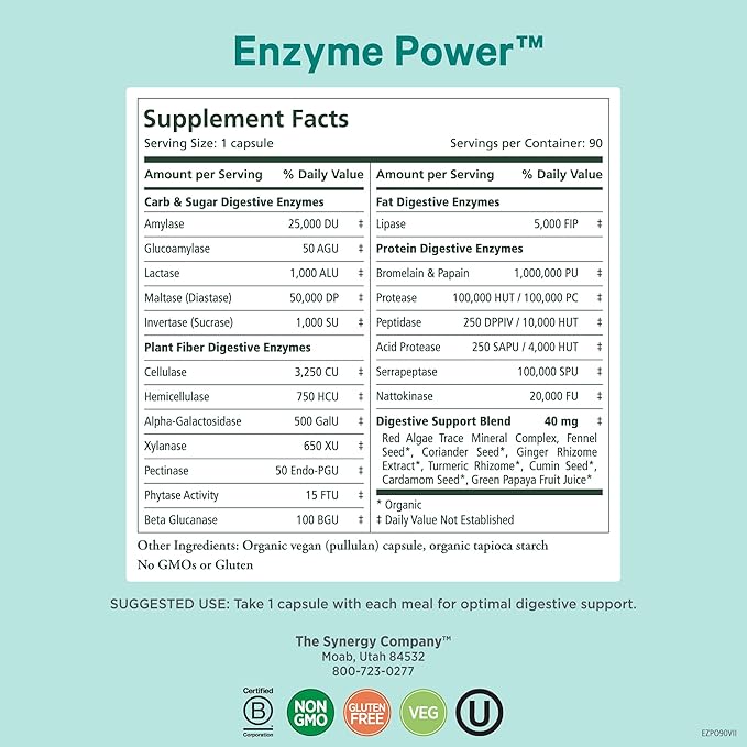 PURE SYNERGY Enzyme Power | Digestive Enzyme Supplement | Digestive Health Enzymes with Nattokinase, Bromelain, and Serrapeptase | for Digestive and Gut Health (90 Capsules)