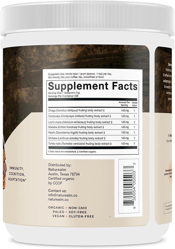 Sacred 7 Mushroom Coffee Booster | Organic Mushroom Supplement Powder – Lions Mane, Reishi, Chaga & More | Adaptogen + Nootropic | 100% Fruiting Bodies | Mix with Coffee,Tea, Smoothies - 226 Servings