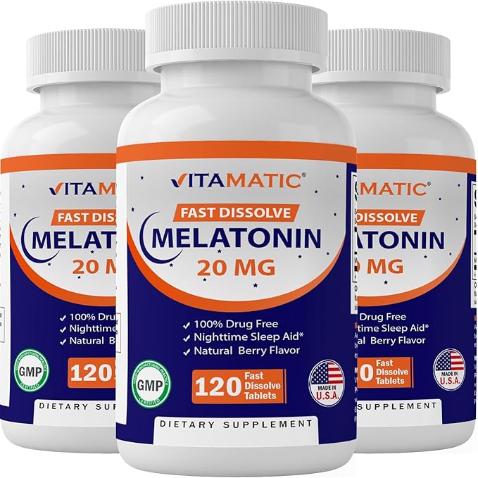 Vitamatic Melatonin 20 mg Tablets | Vegetarian, Non-GMO, Gluten Free | HIGH Potency 20 MG | Natural Berry Flavor (1/2 Tablets = Melatonin 10 mg) (120 Count (Pack of 3))