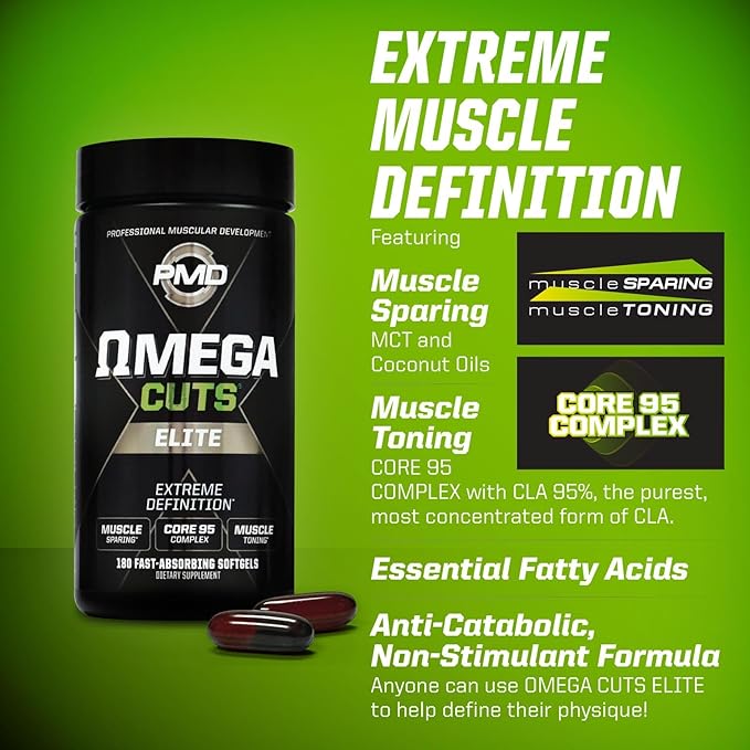 PMD Sports Omega Cuts Elite -Fat Loss-Muscle Defining Formula - Omega Fatty Acids, MCT's and CLA for Muscle Definition and Maintenance - Keto Friendly For Women and Men - Stimulant Free (180 Softgels)