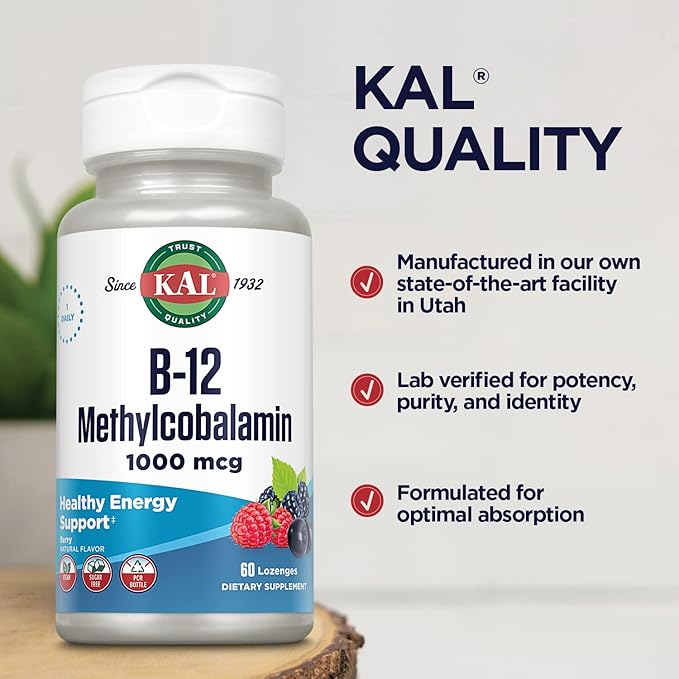 KAL Vitamin B-12 Methylcobalamin Lozenges 1000mcg, Healthy Energy, Metabolism, Nerve & Red Blood Cell Support,* Optimal Absorption, Natural Berry Flavor, Vegan, Sugar Free, 60 Servings, 60 Lozenges