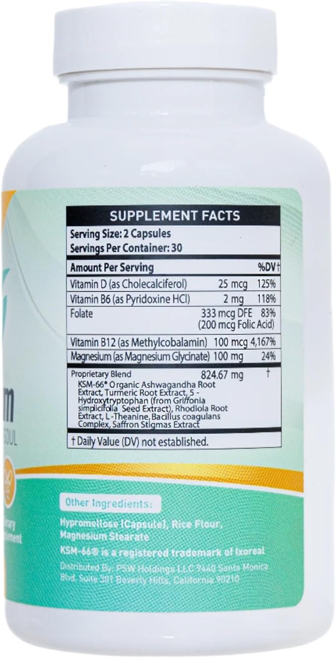 Daily Herbal Supplement for Mood Enhancement and Happiness with Ashwangandha, Omega 3 Fatty Acids, Magnesium, Turmeric, 5-HTP, Rhodiala Rosea, Probiotics, L-Theanine, Vitamin D, Saffron, B-Complex