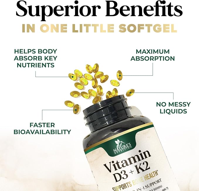 Vitamin D3 K2, 5000 IU Vitamin D3 & 100 mcg Vitamin K2 MK-7 Supplement Supports Immune Health, Bone, Heart & Calcium Absorption - Extra Virgin Olive Oil Softgel, Vitamins D & K Complex - 240 Softgels