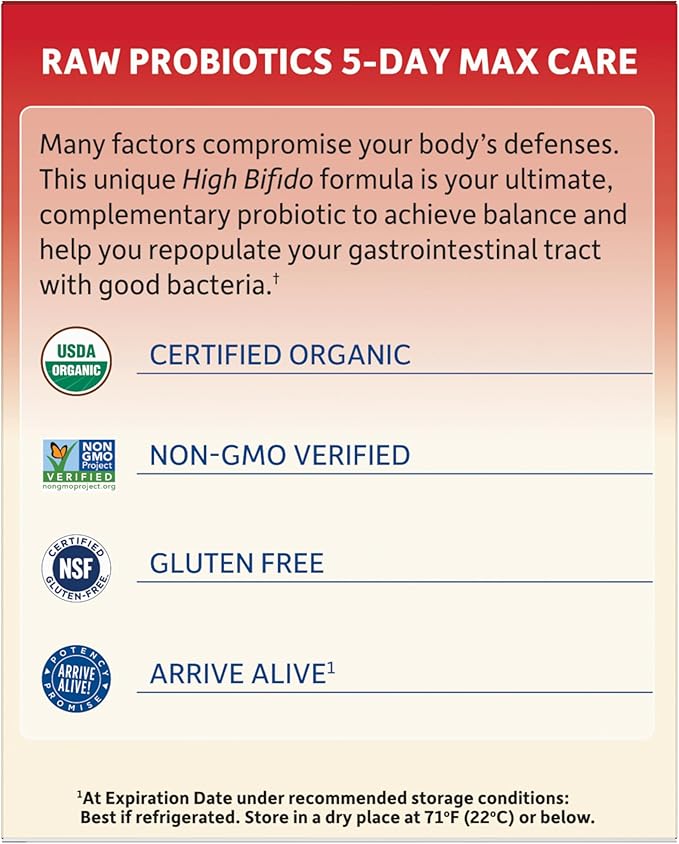 Garden of Life Organic Probiotic Powder for Women and Men - Raw Probiotics 5-Day Max Care 400 Billion CFU - 5-Day Support for Digestive and Immune Health - 2.4 oz Powder