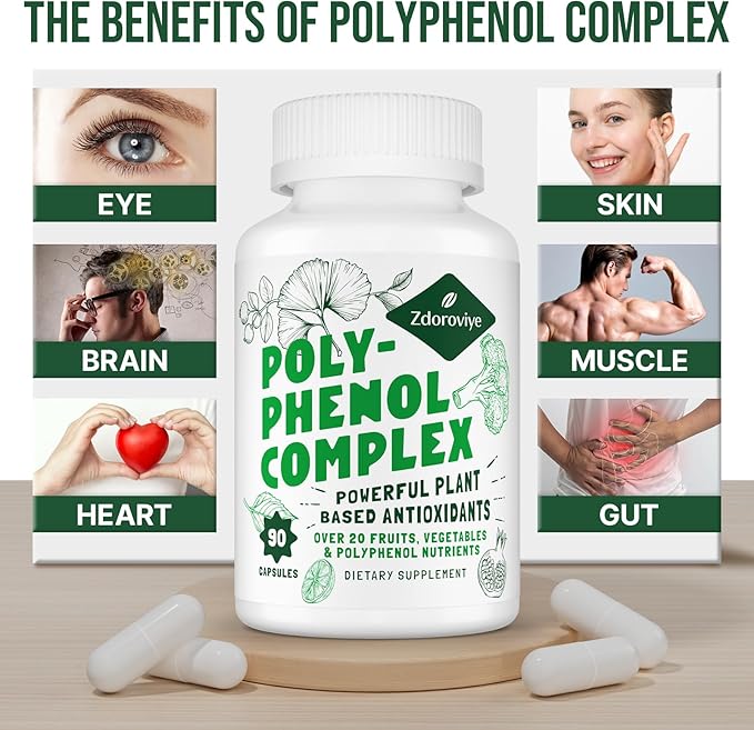 2250 MG Polyphenols Supplement Over 20 Fruits,Vegetables & Polyphenols,Quercetin,Resveratrol,Turmeric,Green Tea,Powerful Antioxidants,Polyphenols for Age Defense,Immune System,90 Capsules