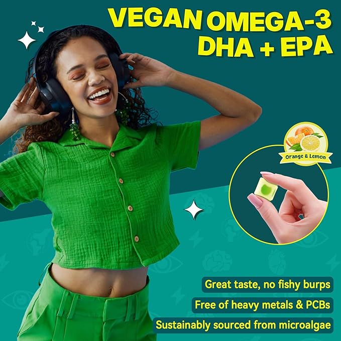 Vegan Omega 3 Gummies 1000mg w/MethylFolate, Vitamin B12, Omega 3 Fish Oil Alternative for Adults, Plant Based DHA 460mg & EPA 230mg for Brain, Mobility, Eye & Immune, Sustainable, Sugar Free, 60 Cts
