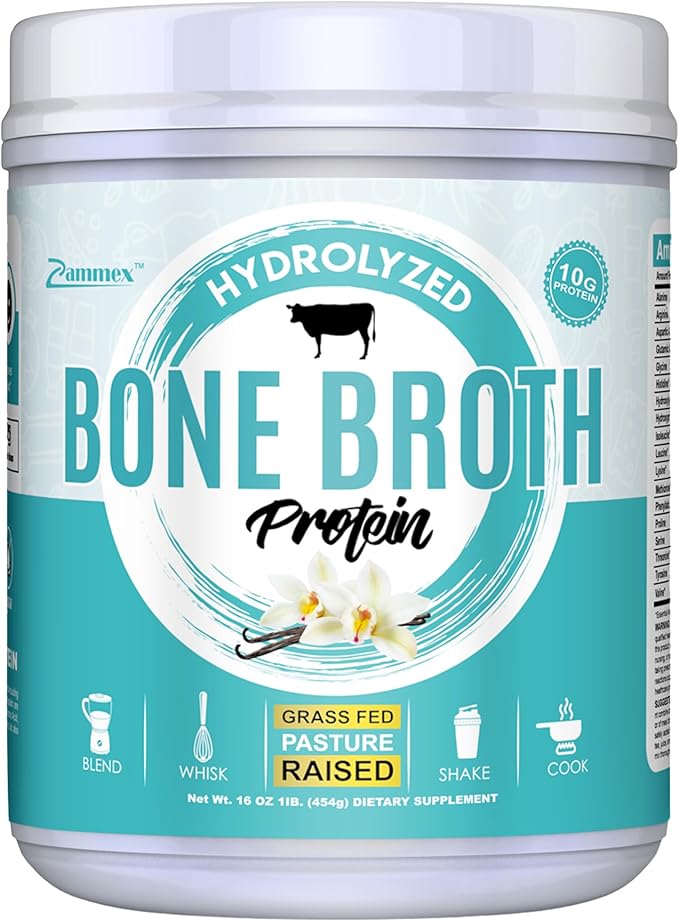 Zammex Bone Broth Protein Powder, Pure Grass Fed Beef, Vanilla Protein Powder,Hydrolyzed Collagen Supplement for Healthy Skin,Nails,Hair,Joints, Non-GMO,Gluten Free, Great in Shakes