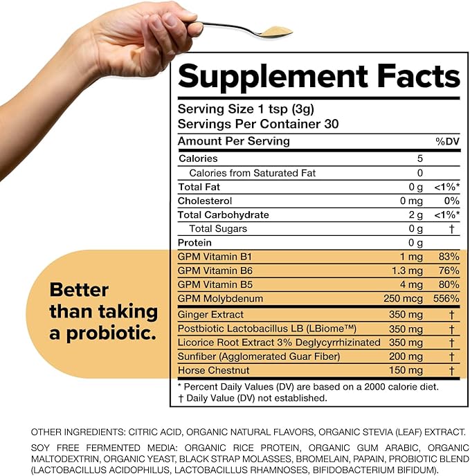 Complement Gut Nurture Prebiotic + Postbiotic Superfood Powder for Leaky Gut Repair, Probiotics for Digestive Health - Ginger Root - 30 Servings